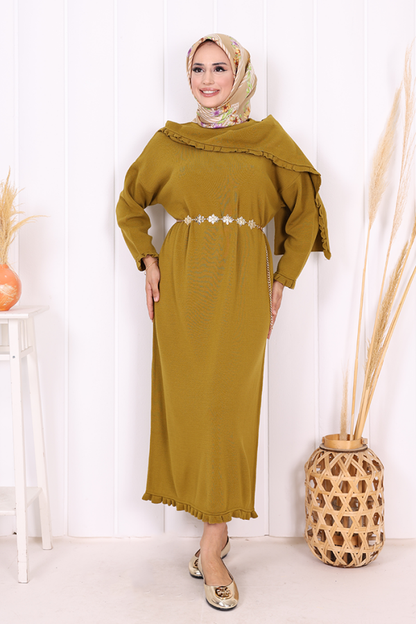 Omuzda Apolet Fırfırlı Triko Elbise 17030 Yağ Yeşili - 4