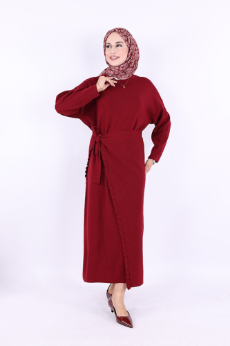17031 Pelerinli Bağlamalı Triko Elbise Bordo - Bym Fashion