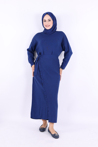 17031 Pelerinli Bağlamalı Triko Elbise Lacivert - Bym Fashion