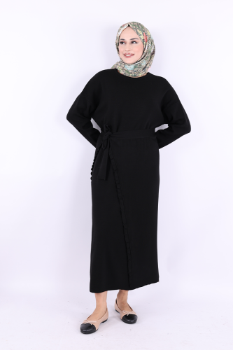 17031 Pelerinli Bağlamalı Triko Elbise Siyah - Bym Fashion