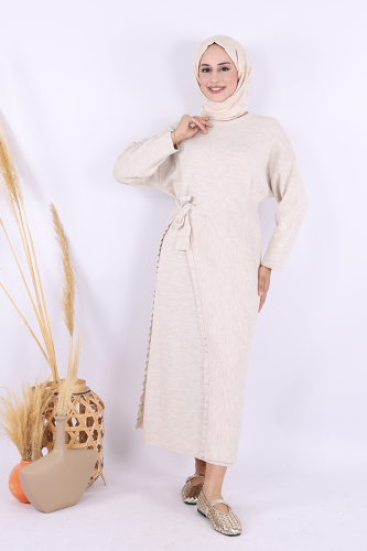 17031 Pelerinli Bağlamalı Triko Elbise Taş - Bym Fashion