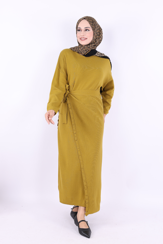 17031 Pelerinli Bağlamalı Triko Elbise Yağ Yeşili - Bym Fashion