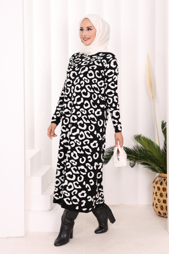 Leopar Desenli Triko Elbise 18193 Siyah-Ekru - 3