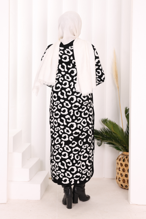 Leopar Desenli Triko Elbise 18193 Siyah-Ekru - 4