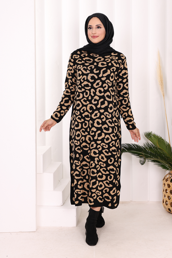 Leopar Desenli Triko Elbise 18193 Siyah-Taba - 1