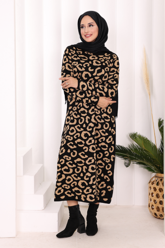 Leopar Desenli Triko Elbise 18193 Siyah-Taba - 2