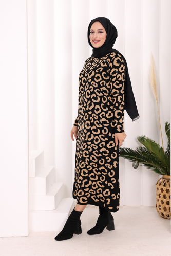 Leopar Desenli Triko Elbise 18193 Siyah-Taba - 3