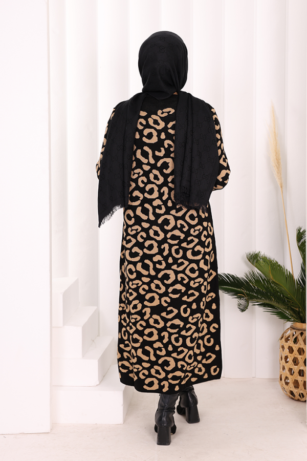 Leopar Desenli Triko Elbise 18193 Siyah-Taba - 4