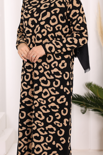 Leopar Desenli Triko Elbise 18193 Siyah-Taba - 6