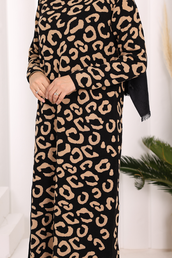 Leopar Desenli Triko Elbise 18193 Siyah-Taba - 6