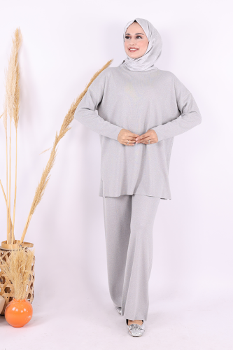 Simli Triko Tunik Pantolon Takım 18197 Gri - Bym Fashion