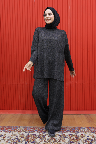 Simli Triko Tunik Pantolon Takım 18197 Siyah-Gümüş - Bym Fashion