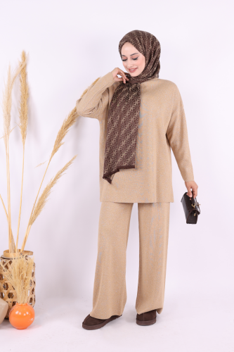 Simli Triko Tunik Pantolon Takım 18197 Taba - Bym Fashion