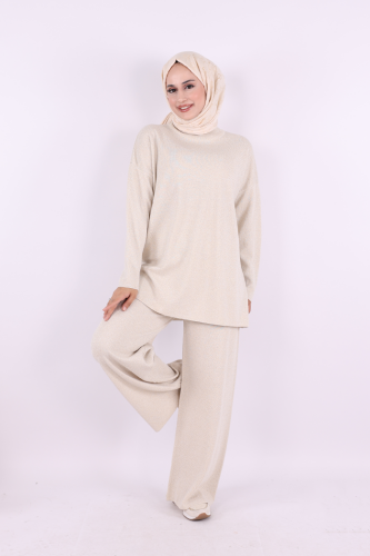 Simli Triko Tunik Pantolon Takım 18197 Taş - Bym Fashion