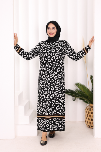 Şerit Detaylı Leopar Desenli Triko Elbise 18200 Siyah-Ekru - Bym Fashion