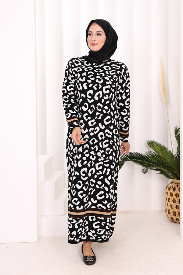 Şerit Detaylı Leopar Desenli Triko Elbise 18200 Siyah-Ekru - 2