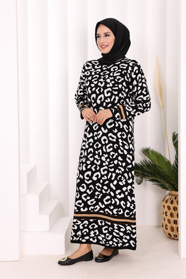 Şerit Detaylı Leopar Desenli Triko Elbise 18200 Siyah-Ekru - 3