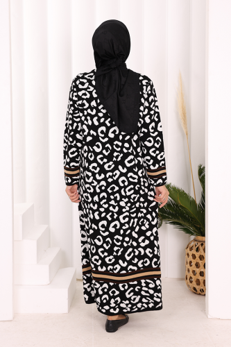 Şerit Detaylı Leopar Desenli Triko Elbise 18200 Siyah-Ekru - 4