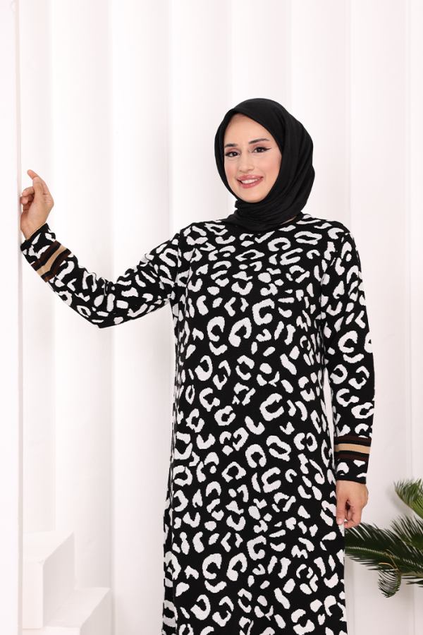 Şerit Detaylı Leopar Desenli Triko Elbise 18200 Siyah-Ekru - 5