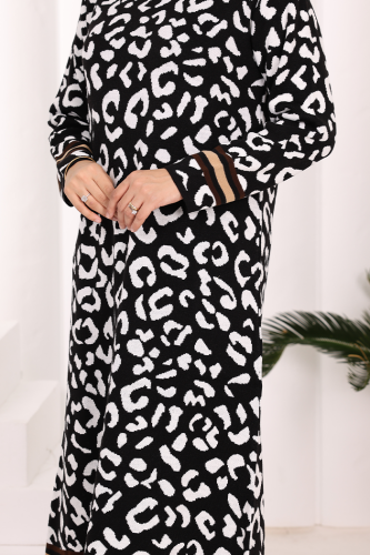 Şerit Detaylı Leopar Desenli Triko Elbise 18200 Siyah-Ekru - 6