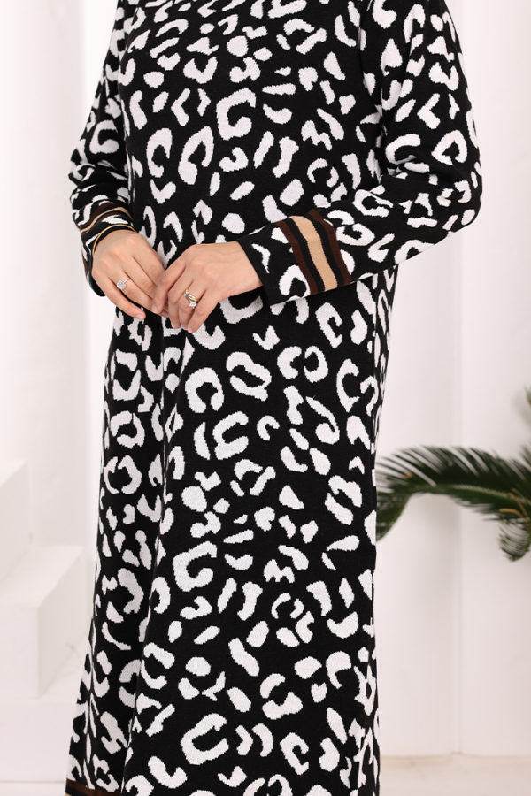 Şerit Detaylı Leopar Desenli Triko Elbise 18200 Siyah-Ekru - 6