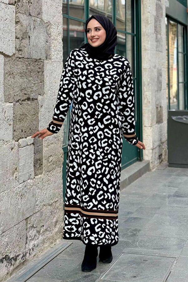 Şerit Detaylı Leopar Desenli Triko Elbise 18200 Siyah-Ekru - 2