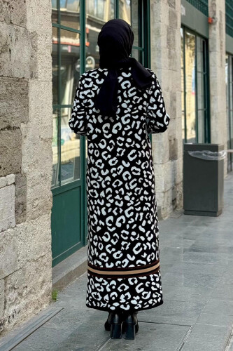 Şerit Detaylı Leopar Desenli Triko Elbise 18200 Siyah-Ekru - 4