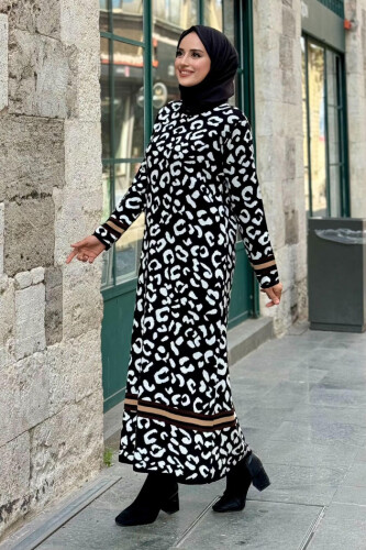 Şerit Detaylı Leopar Desenli Triko Elbise 18200 Siyah-Ekru - 6