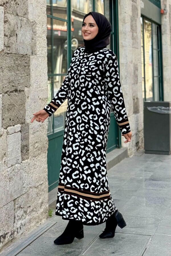 Şerit Detaylı Leopar Desenli Triko Elbise 18200 Siyah-Ekru - 6
