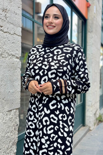 Şerit Detaylı Leopar Desenli Triko Elbise 18200 Siyah-Ekru - 8