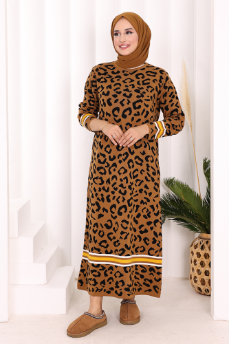 Şerit Detaylı Leopar Desenli Triko Elbise 18200 Taba-Siyah - Bym Fashion