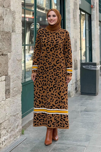 Şerit Detaylı Leopar Desenli Triko Elbise 18200 Taba-Siyah 