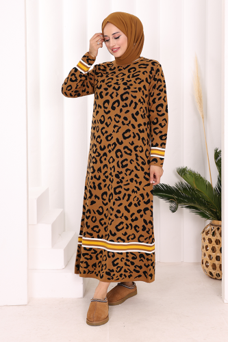 Şerit Detaylı Leopar Desenli Triko Elbise 18200 Taba-Siyah - 2