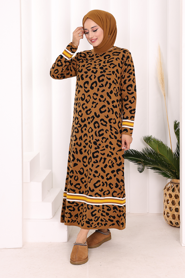 Şerit Detaylı Leopar Desenli Triko Elbise 18200 Taba-Siyah - 2