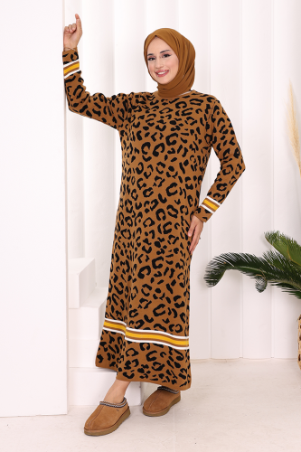 Şerit Detaylı Leopar Desenli Triko Elbise 18200 Taba-Siyah - 3