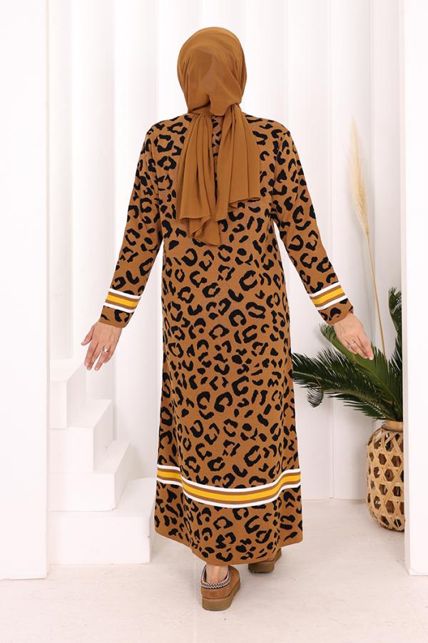 Şerit Detaylı Leopar Desenli Triko Elbise 18200 Taba-Siyah - 4