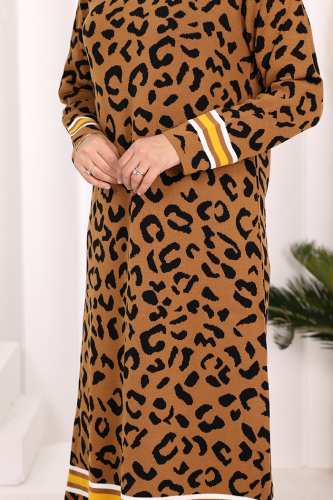 Şerit Detaylı Leopar Desenli Triko Elbise 18200 Taba-Siyah - 6