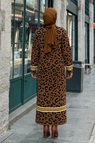 Şerit Detaylı Leopar Desenli Triko Elbise 18200 Taba-Siyah - 5