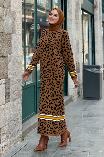 Şerit Detaylı Leopar Desenli Triko Elbise 18200 Taba-Siyah - 7