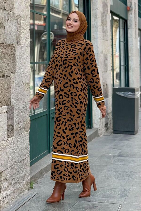 Şerit Detaylı Leopar Desenli Triko Elbise 18200 Taba-Siyah - 7