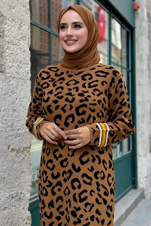 Şerit Detaylı Leopar Desenli Triko Elbise 18200 Taba-Siyah - 9