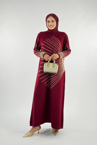 18306 Sim Detay Triko Elbise Bordo - Bym Fashion