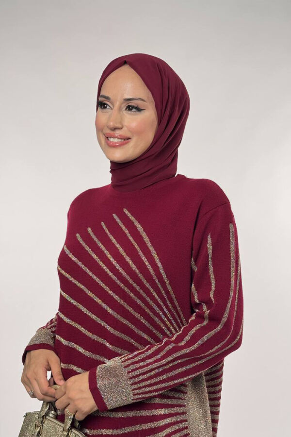 18306 Sim Detay Triko Elbise Bordo - 4