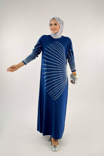 18306 Sim Detay Triko Elbise Lacivert - Bym Fashion