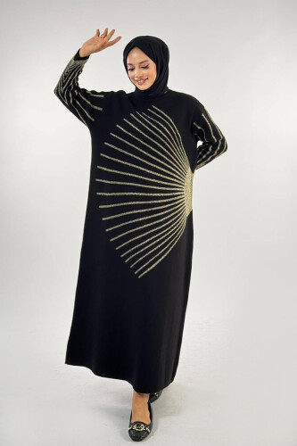 18306 Sim Detay Triko Elbise Siyah-Gold - Bym Fashion