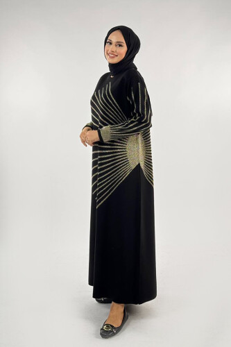 18306 Sim Detay Triko Elbise Siyah-Gold - 3