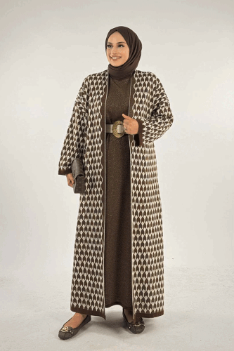 18321 Damla Desen Triko Hırka Kahverengi - Bym Fashion