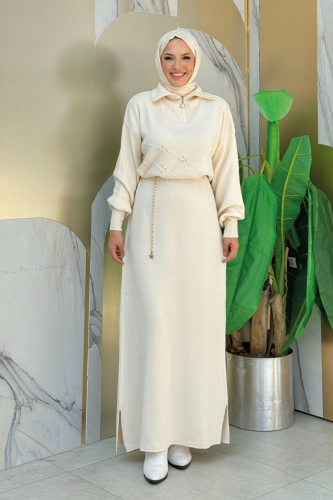 Yaka Kısmı Fermuarlı Taş Detaylı Uzun Triko Elbise 2-1555 Taş - Bym Fashion
