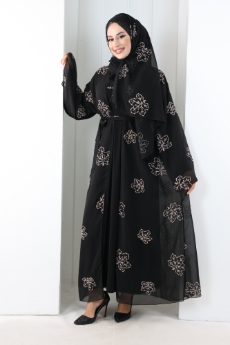 Nakışlı Şifon Şallı Abaya 2006 Siyah-Gold