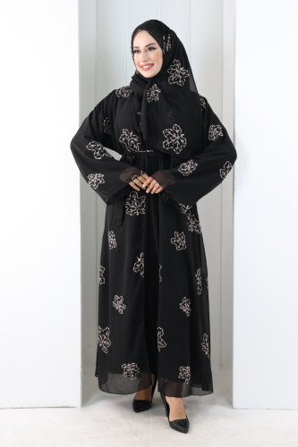 Nakışlı Şifon Şallı Abaya 2006 Siyah-Gold - 2